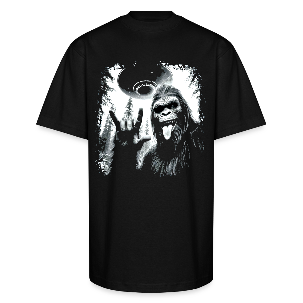 Native American Streetwear T-Shirt: Bigfoot & UFO Graphic Design | Bold & Unique Style - black