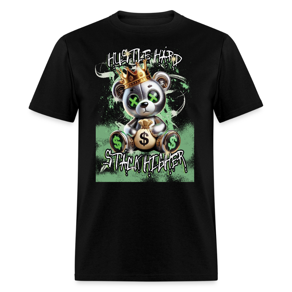 Stack & Hustle" Urban Streetwear T-Shirt - Silver Teddy Bear Money Bag Design - black