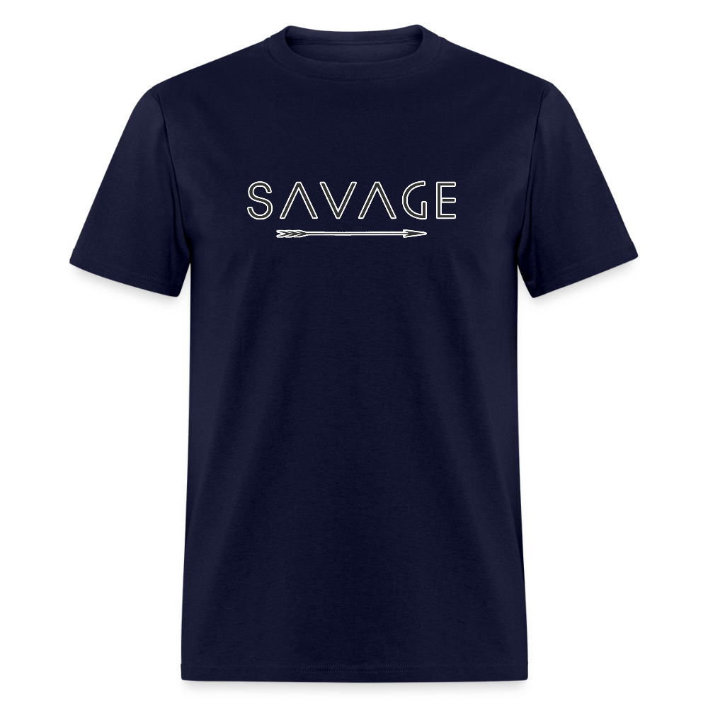 Navy blue unisex t-shirt featuring a white SAVAGE graphic in minimalist typography above a horizontal arrow.