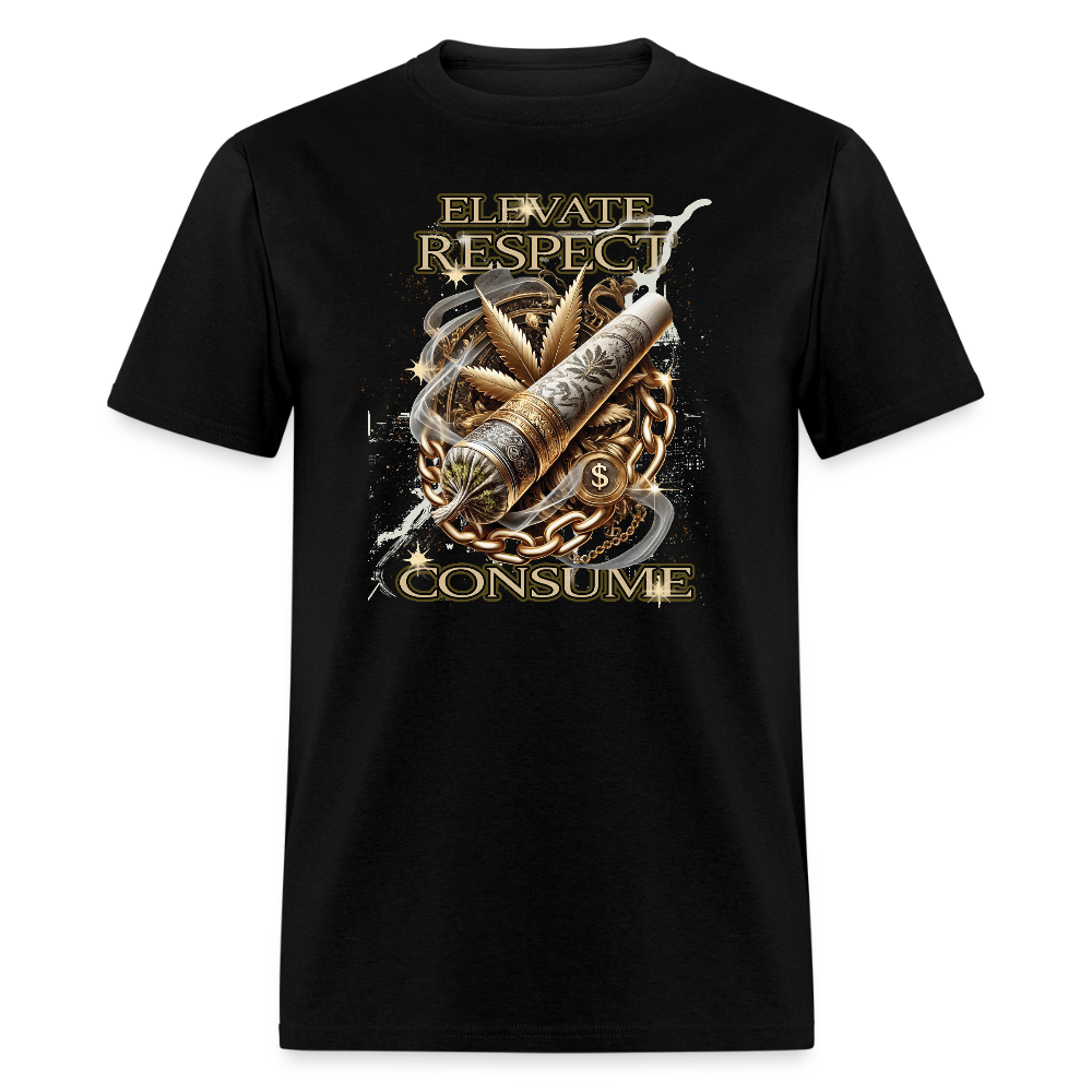 Elevate Respect Consume" Urban Streetwear T-Shirt - Gold Blunt & Bling Design - black