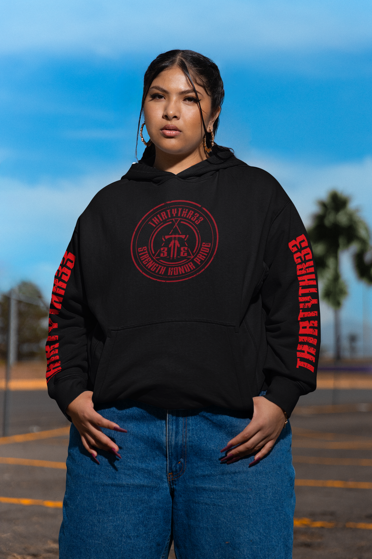 THIRTYTHR33 PULLOVER HOODIE BLACK WITH RED PRINT